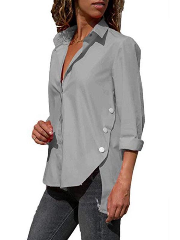 Women Casual Turn down collar Plain Long Sleeve Blouses