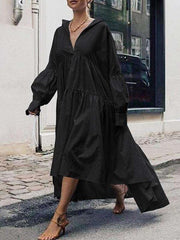 Casual Loose Pure V neck Long sleeve Gored Irregular Maxi Dresses