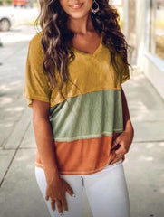 Casual Loose Stripe Gored V neck Short sleeve T-Shirts