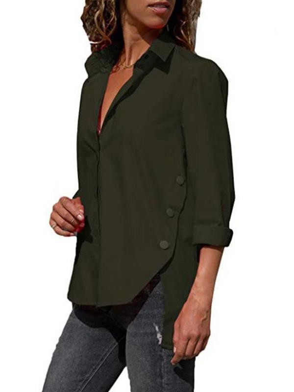 Women Casual Turn down collar Plain Long Sleeve Blouses