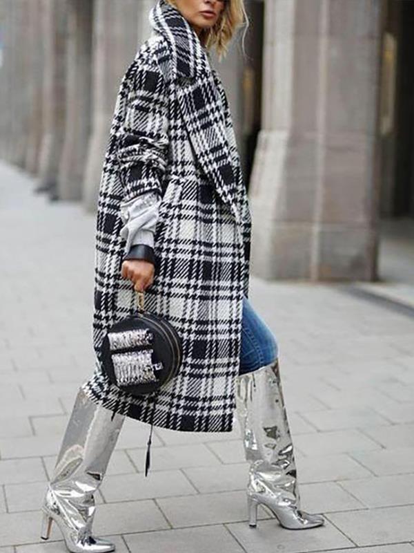 Big lapel women grid printed plaid long coats