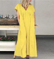 Casual Loose Pure V neck Short sleeve Gored Pocket Maxi Dresses