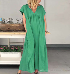 Casual Loose Pure V neck Short sleeve Gored Pocket Maxi Dresses