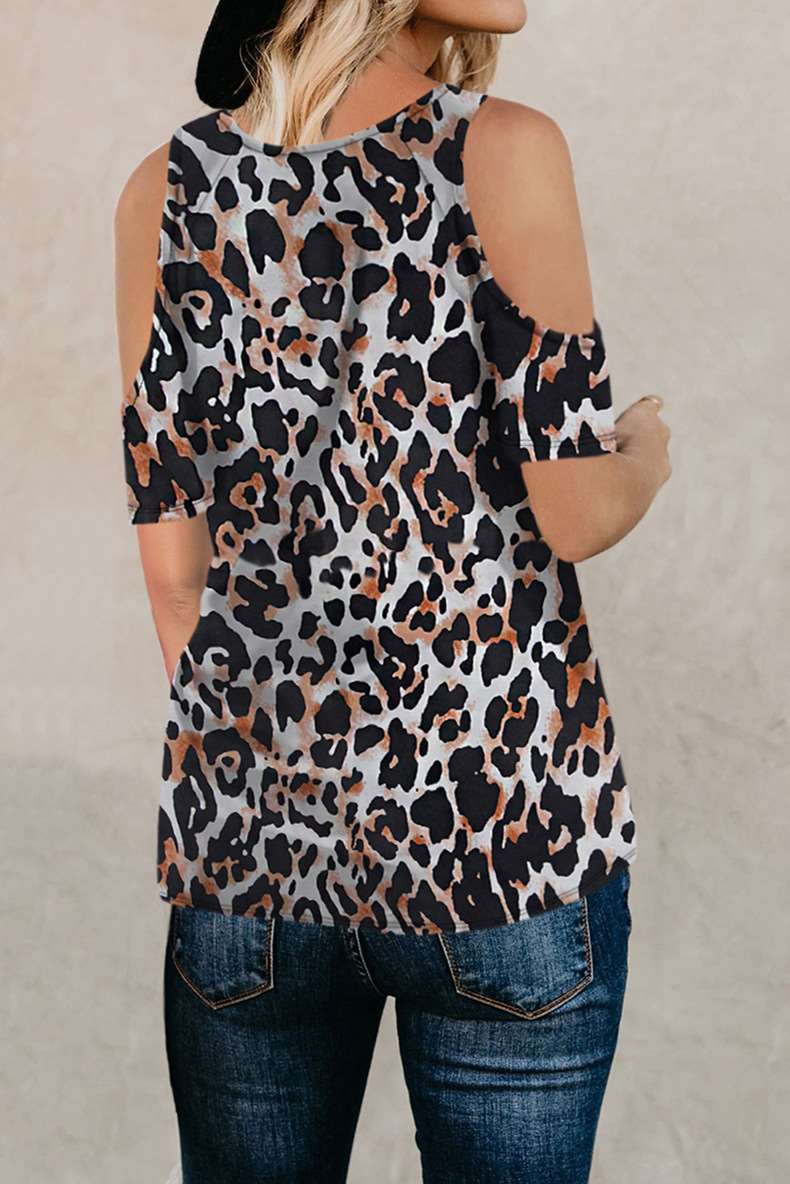 Fashion Leopard print Rouns neck Off shoulder T-Shirts