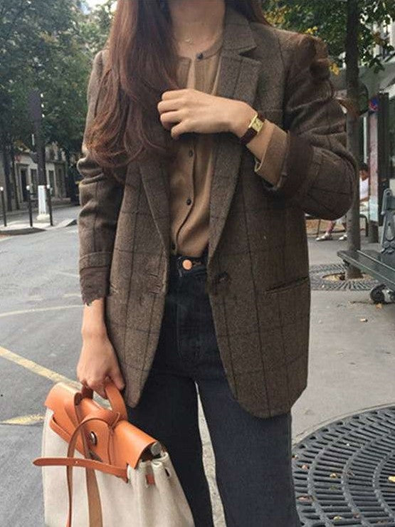 Casual Plaid print Lapel Long sleeve Blazer