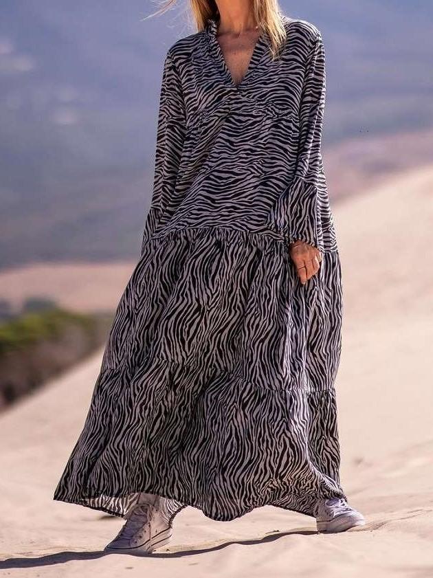 Casual Loose Stripe V neck Long sleeve Gored Maxi Dresses