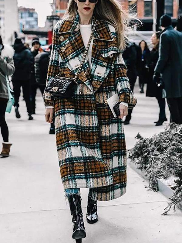 Big lapel long plaid women coats