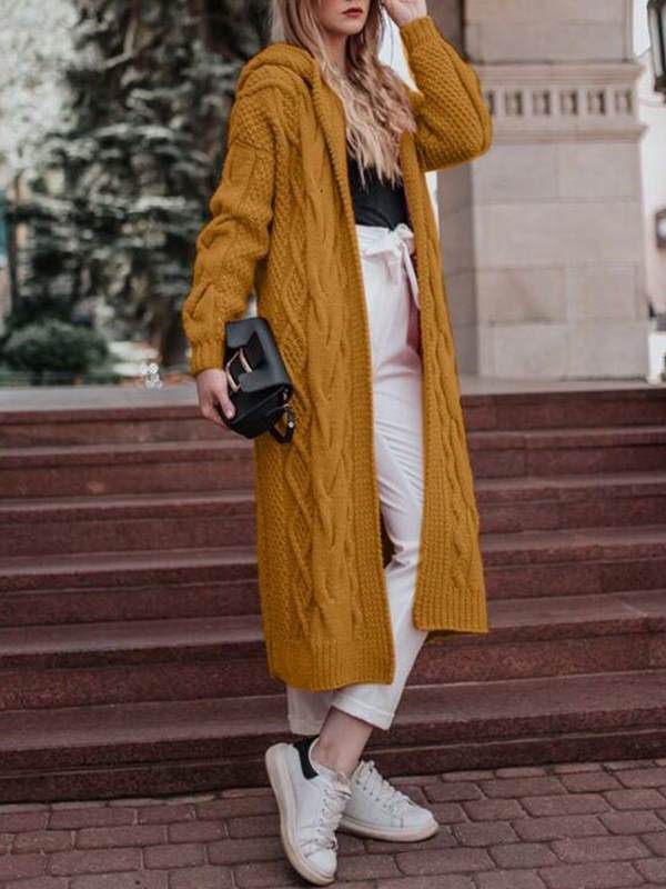 Solid color hooded long twist cardigans fashion women sweaters