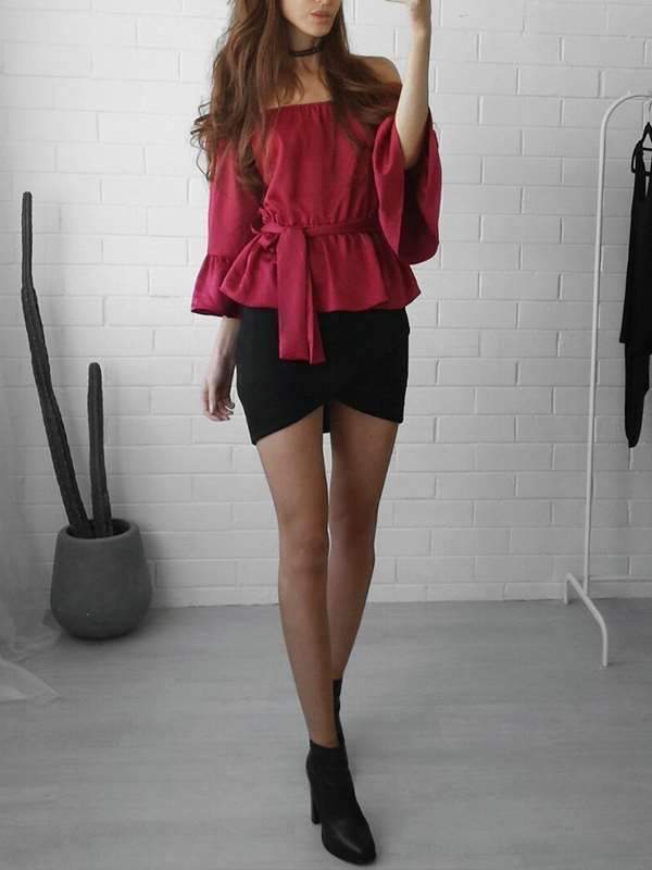 Solid color chiffon Loose Off Shoulder Flared sleeves T-shirts