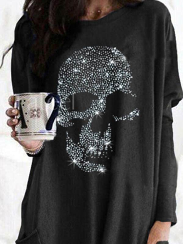 Women diamond decoration skull pattern loose long sleeve T-shirts