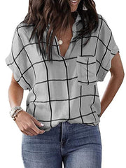 Casual grid pocket short sleeve turn down neck Blouses