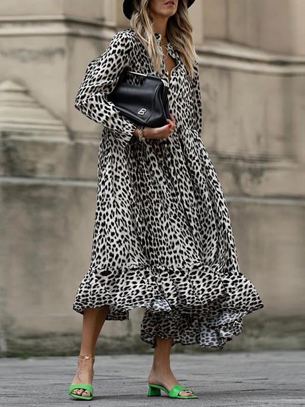 Fashion animal printed long-sleeved maxi dresses