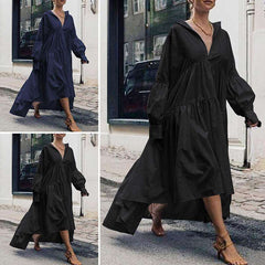 Casual Loose Pure V neck Long sleeve Gored Irregular Maxi Dresses