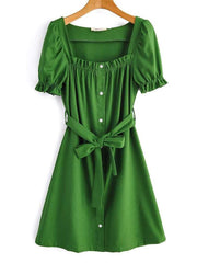 Fashion Pure Square collar Short sleeve Shift Dresses
