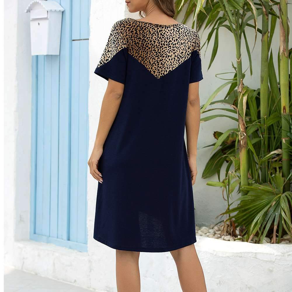 Fashion Leopard print Gored Round neck Short sleeve Shift Dresses