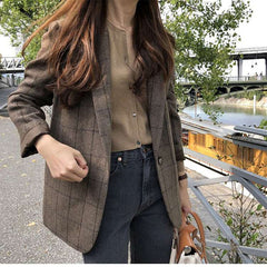 Casual Plaid print Lapel Long sleeve Blazer