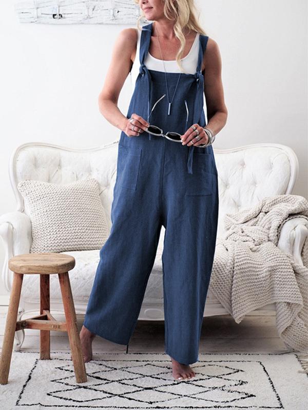 Woman Casual Large Size Suspenders Pocket Jumpsuits