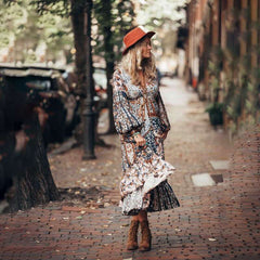 Casual Print V neck Long sleeve Lacing Maxi Dresses