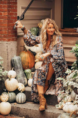 Casual Print V neck Long sleeve Lacing Maxi Dresses