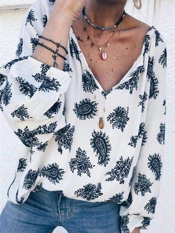 Fashion Print Long sleeve V neck Blouse