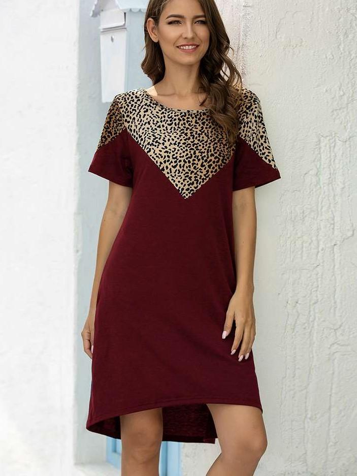 Fashion Leopard print Gored Round neck Short sleeve Shift Dresses