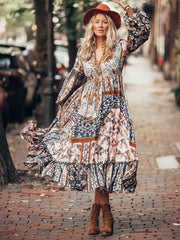 Casual Print V neck Long sleeve Lacing Maxi Dresses