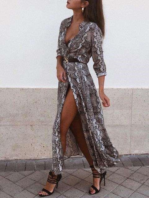 Fashion Casual Serpentine printing Long sleeve Maxi Dresses