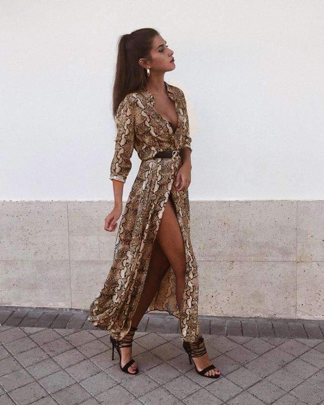 Fashion Casual Serpentine printing Long sleeve Maxi Dresses