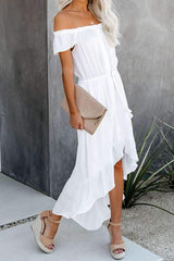 Pure Off shoulder Irregular Falbala Short sleeve Maxi Dresses