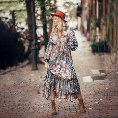 Casual Print V neck Long sleeve Lacing Maxi Dresses