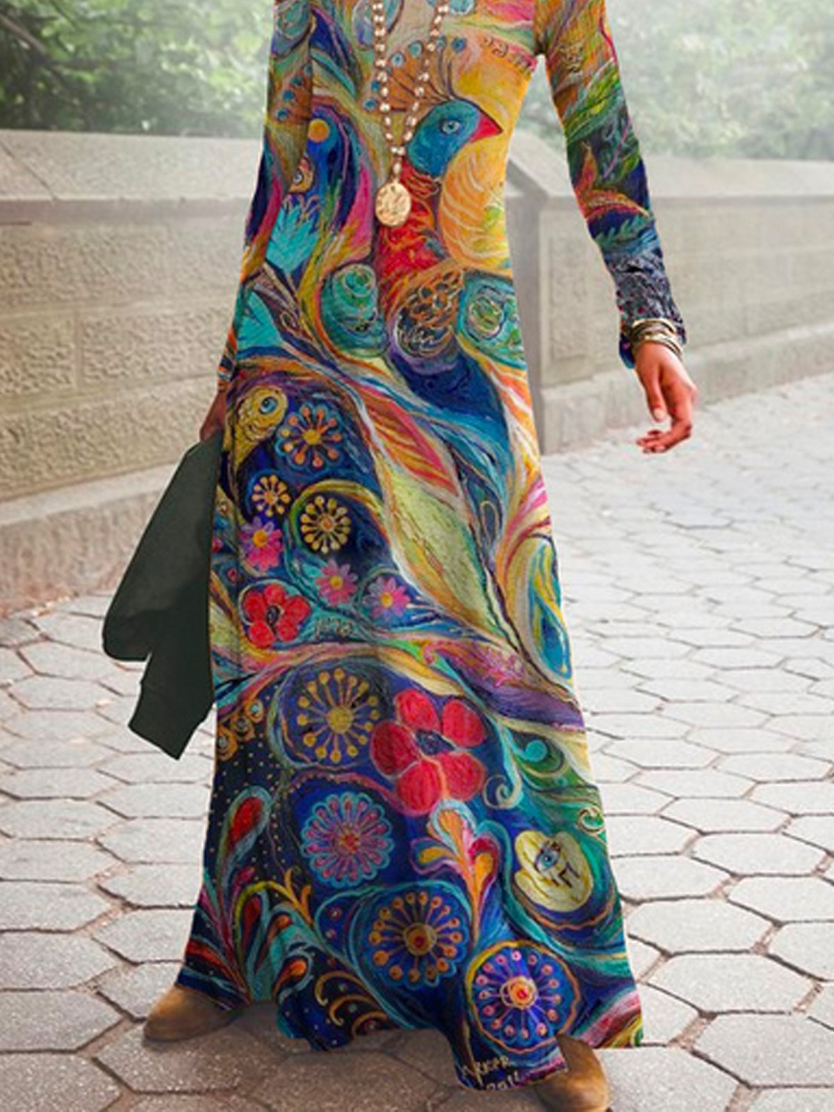 Vintage Round neck long sleeve maxi Dresses