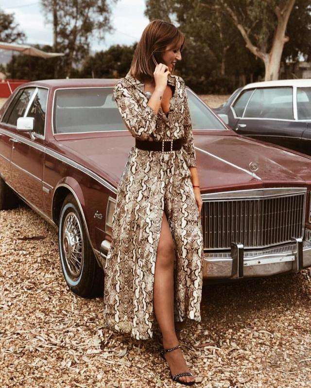 Fashion Casual Serpentine printing Long sleeve Maxi Dresses