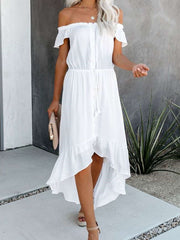 Pure Off shoulder Irregular Falbala Short sleeve Maxi Dresses