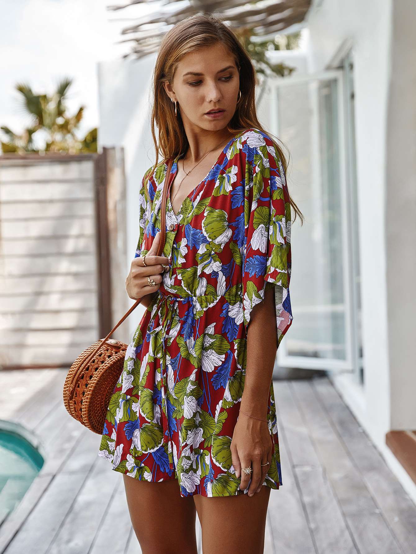 Fashion Casual Print V neck Half sleeve Jumpsuits