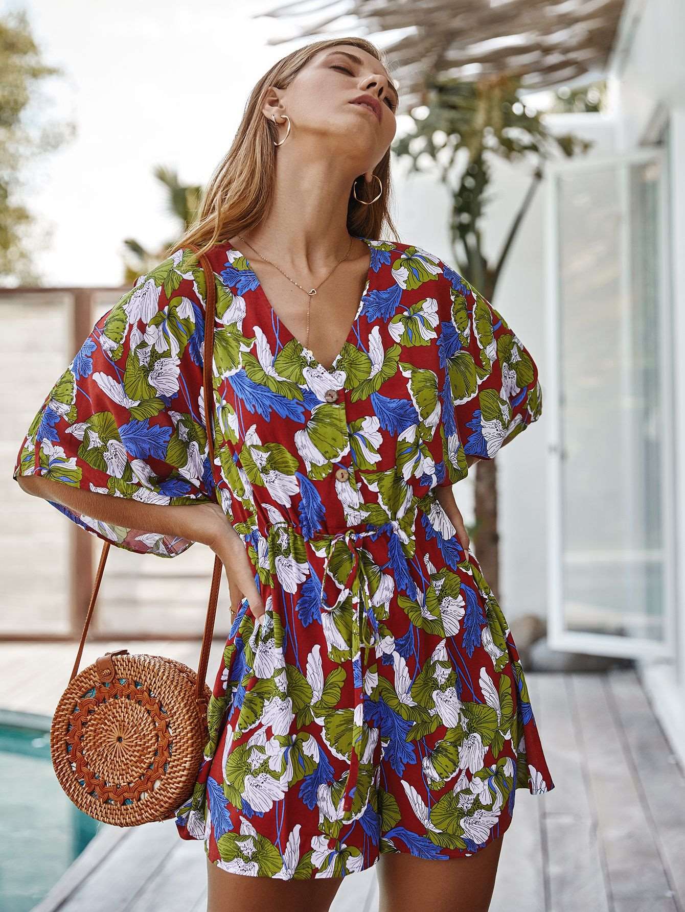 Fashion Casual Print V neck Half sleeve Jumpsuits