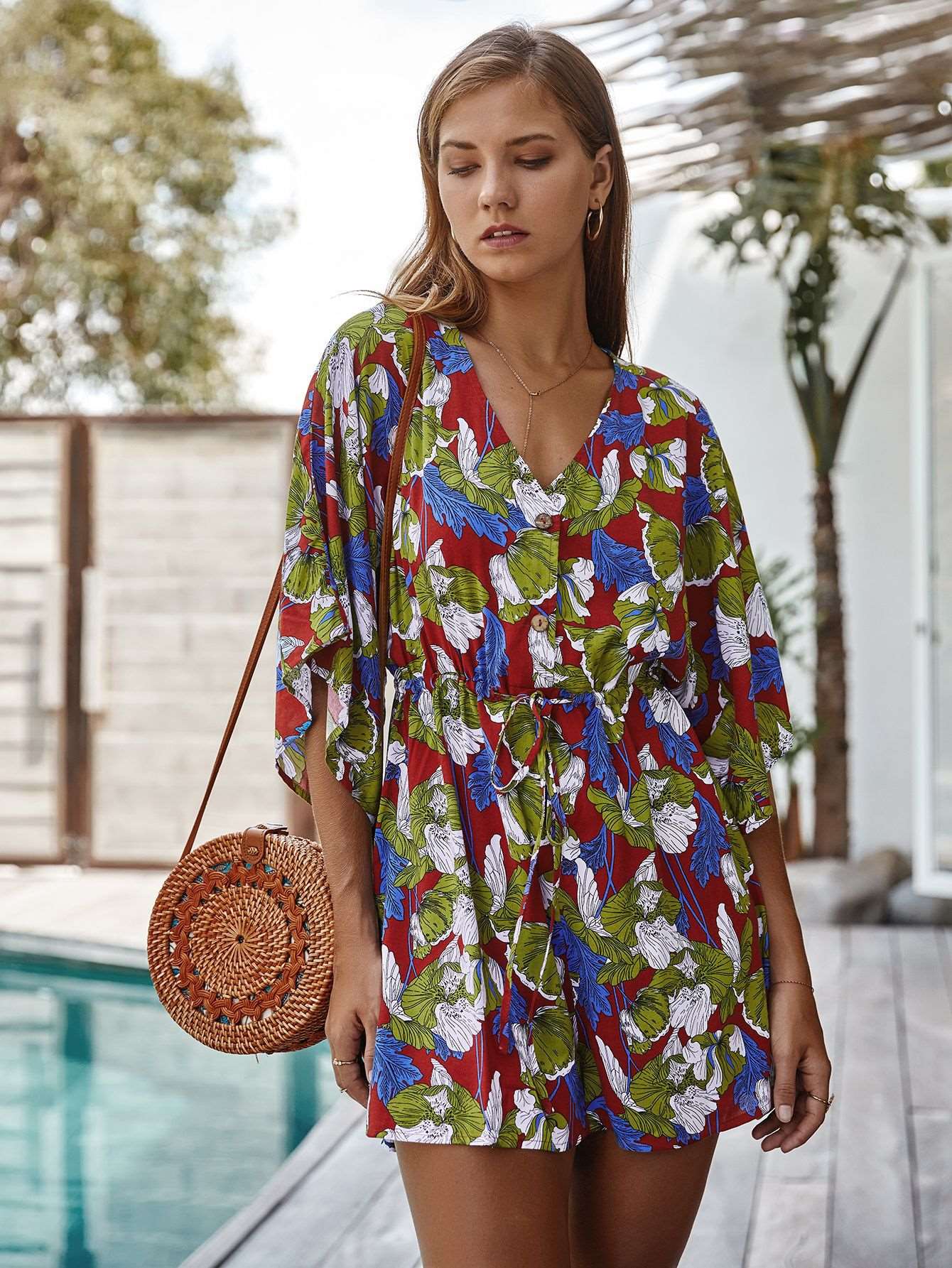 Fashion Casual Print V neck Half sleeve Jumpsuits