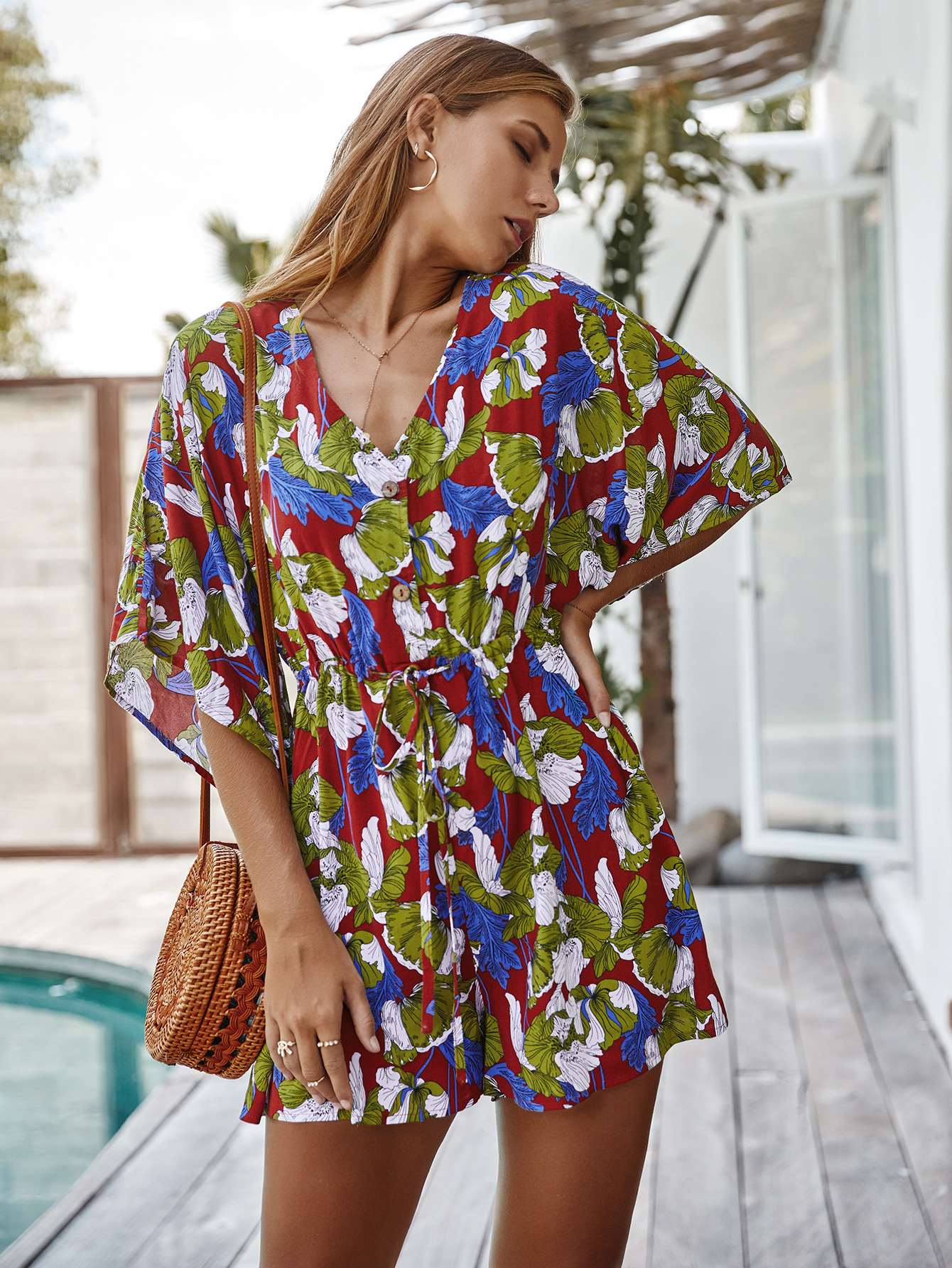 Fashion Casual Print V neck Half sleeve Jumpsuits