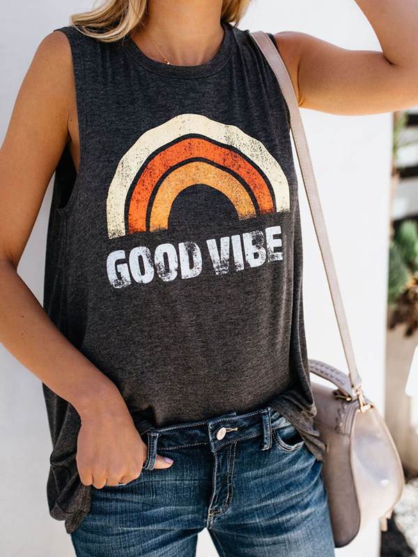 Round neck Sleeveless Women Rainbow Printed T-shirts