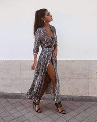 Fashion Casual Serpentine printing Long sleeve Maxi Dresses