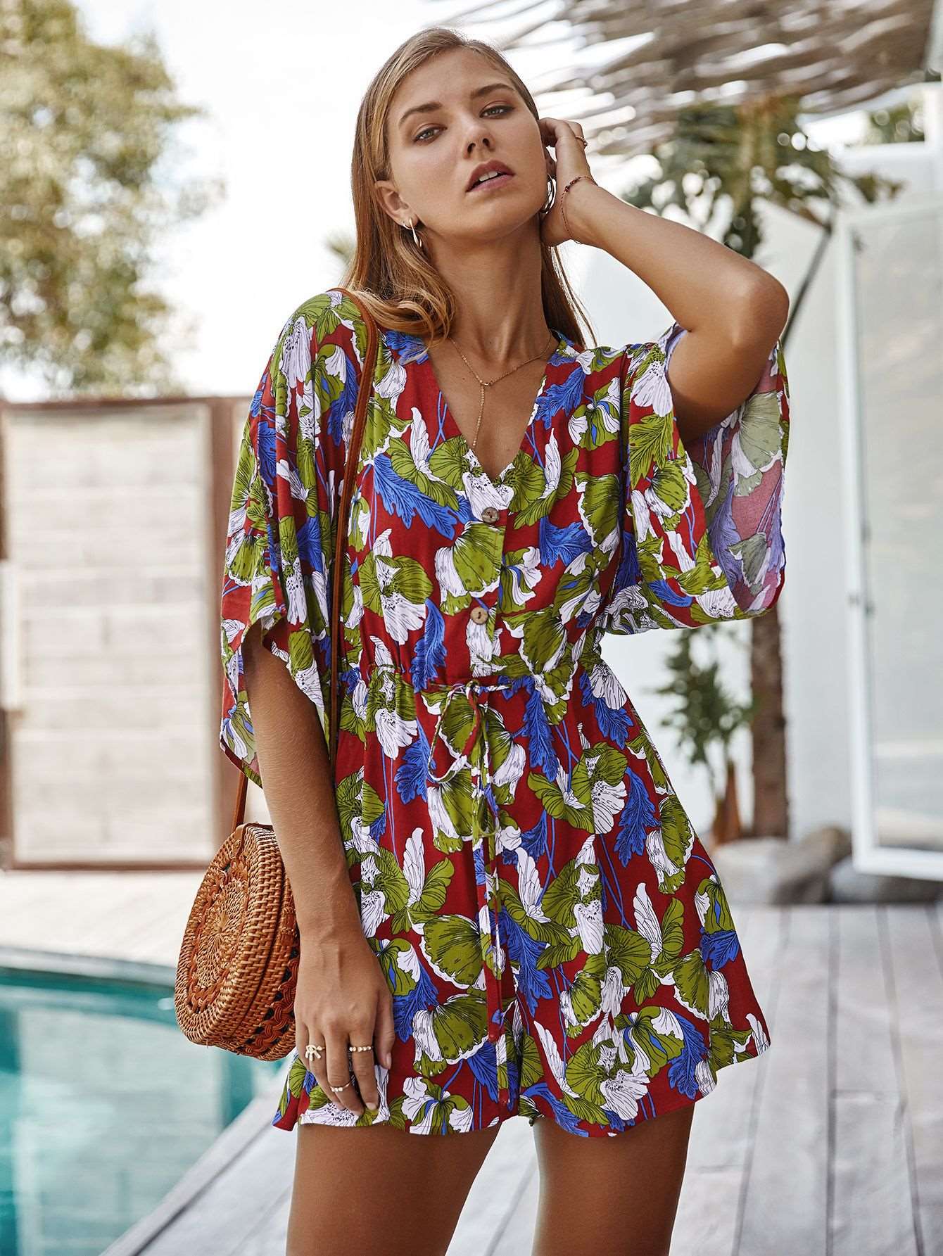 Fashion Casual Print V neck Half sleeve Jumpsuits