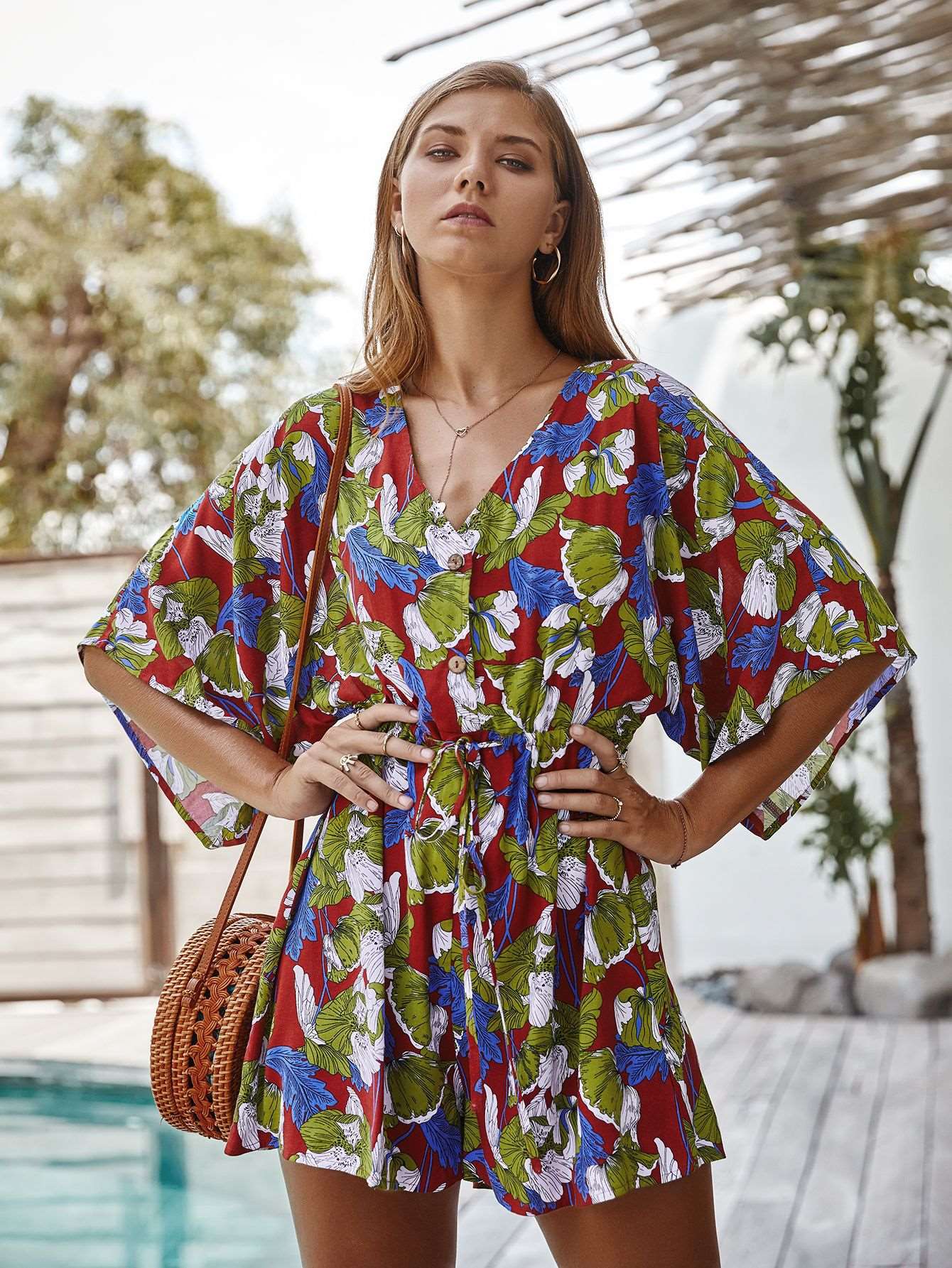 Fashion Casual Print V neck Half sleeve Jumpsuits