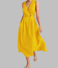 Casual Loose Pure V neck Sleeveless Skater Maxi Dresses