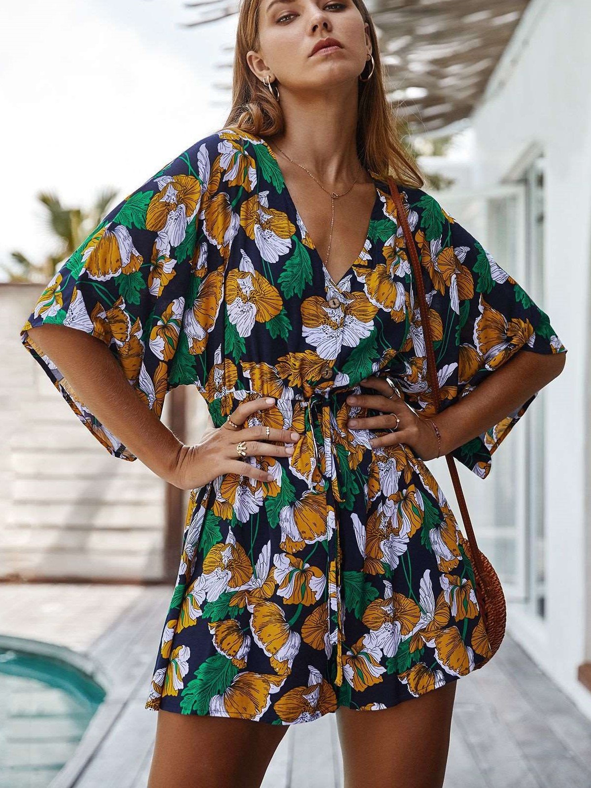 Fashion Casual Print V neck Half sleeve Jumpsuits