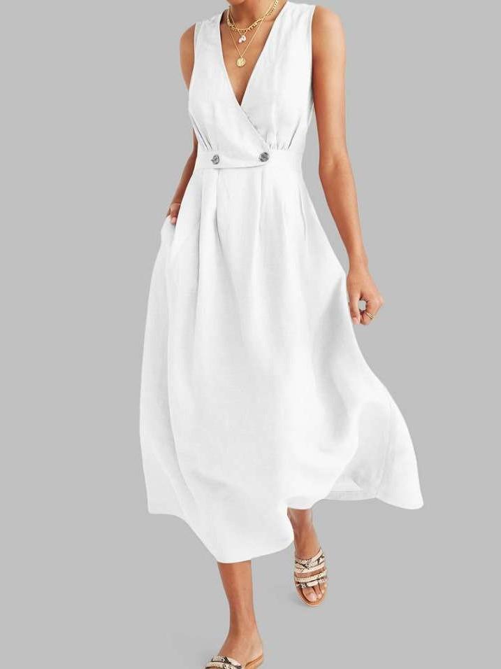 Casual Loose Pure V neck Sleeveless Skater Maxi Dresses