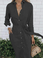 Fashion Pure Fastener Lapel Long sleeve Maxi Dresses