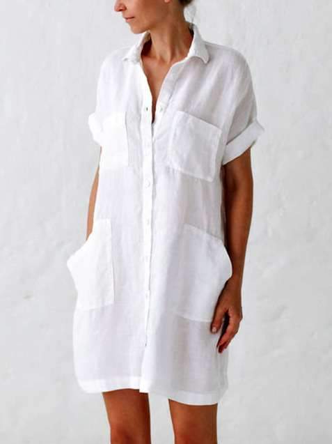 Fashion Pure Lapel Pocket Short sleeve Shift Dresses