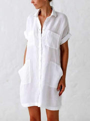 Fashion Pure Lapel Pocket Short sleeve Shift Dresses