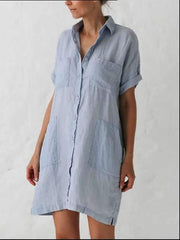 Fashion Pure Lapel Pocket Short sleeve Shift Dresses