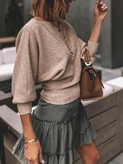 Plain round neck  bat sleeves women knit sweaters