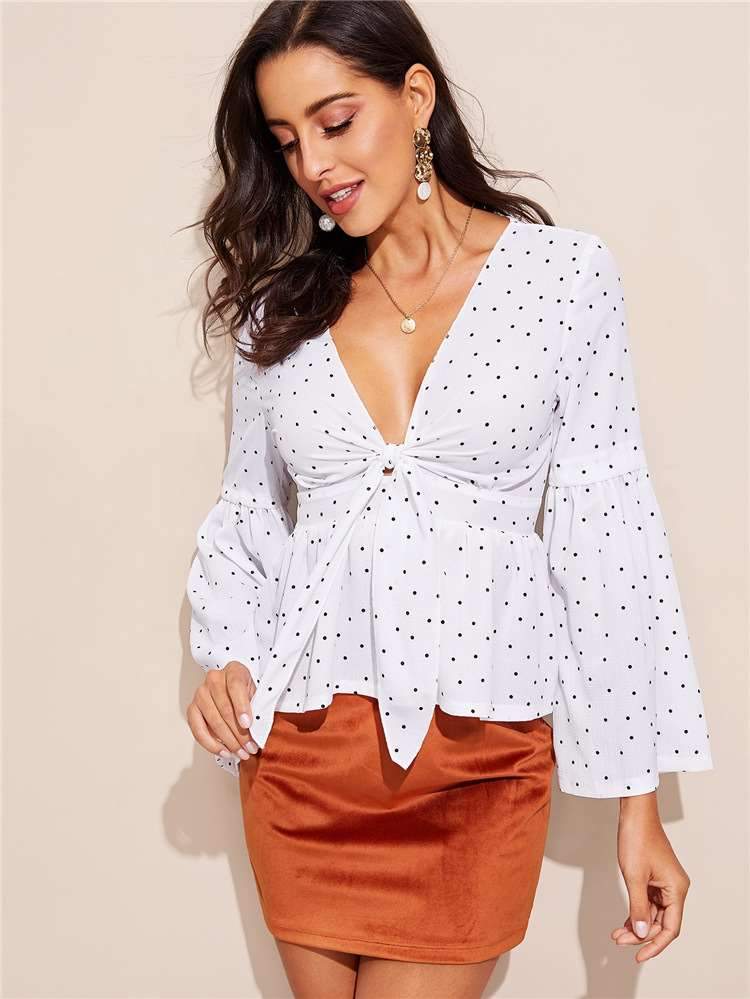 Fashion Point print V neck Lacing Long sleeve Blouses